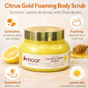 Exfoliante de azúcar espumoso con cúrcuma, limón, miel y manteca de karité Citrus Gold – Exfoliante corporal iluminador e hidratante para una piel radiante