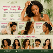 Aceite capilar Annoor® de jengibre y romero – Nutre, fortalece y revitaliza el cuero cabelludo – Aceite espesante para el crecimiento del cabello con argán, ricino y jojoba orgánicos – 60 ml – Para todo tipo de cabello