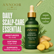 Aceite capilar Annoor® de jengibre y romero – Nutre, fortalece y revitaliza el cuero cabelludo – Aceite espesante para el crecimiento del cabello con argán, ricino y jojoba orgánicos – 60 ml – Para todo tipo de cabello