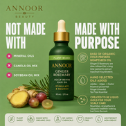 Aceite capilar Annoor® de jengibre y romero – Nutre, fortalece y revitaliza el cuero cabelludo – Aceite espesante para el crecimiento del cabello con argán, ricino y jojoba orgánicos – 60 ml – Para todo tipo de cabello