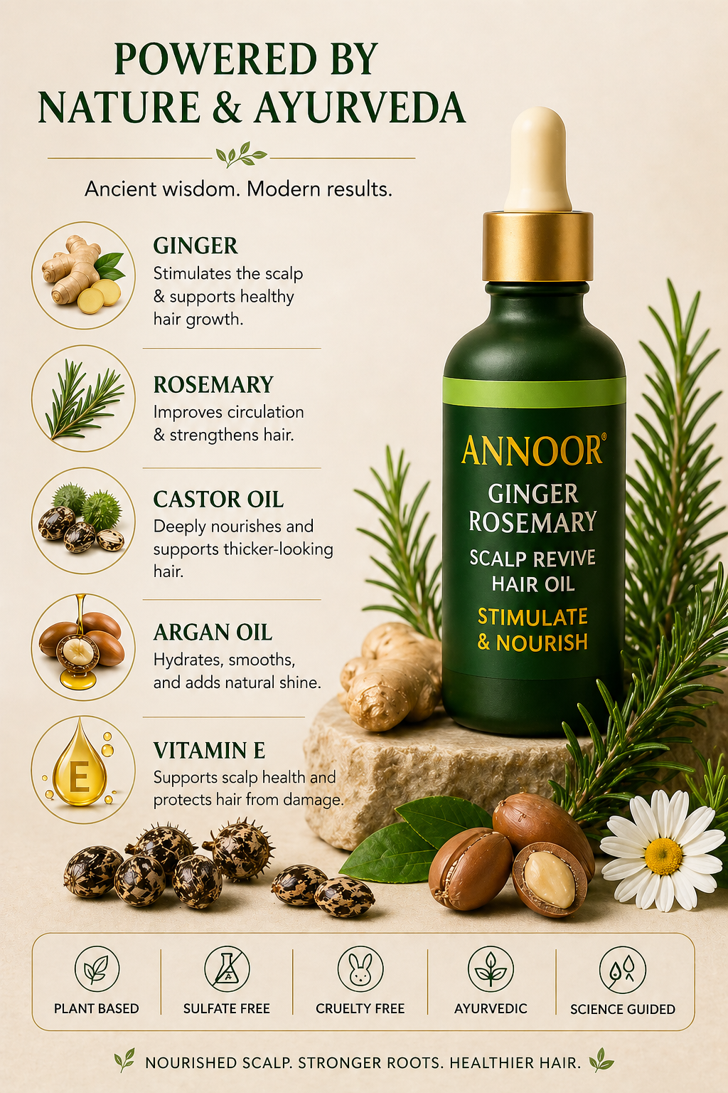 Annoor Ayurvedic 4-Step Haircare Set – Herbal Shampoo, Conditioner, Ginger Rosemary Scalp Oil & Root Repair Hair Mask – Plant-Based Hair Routine for Frizz, Shine, Dry Hair & Scalp Care