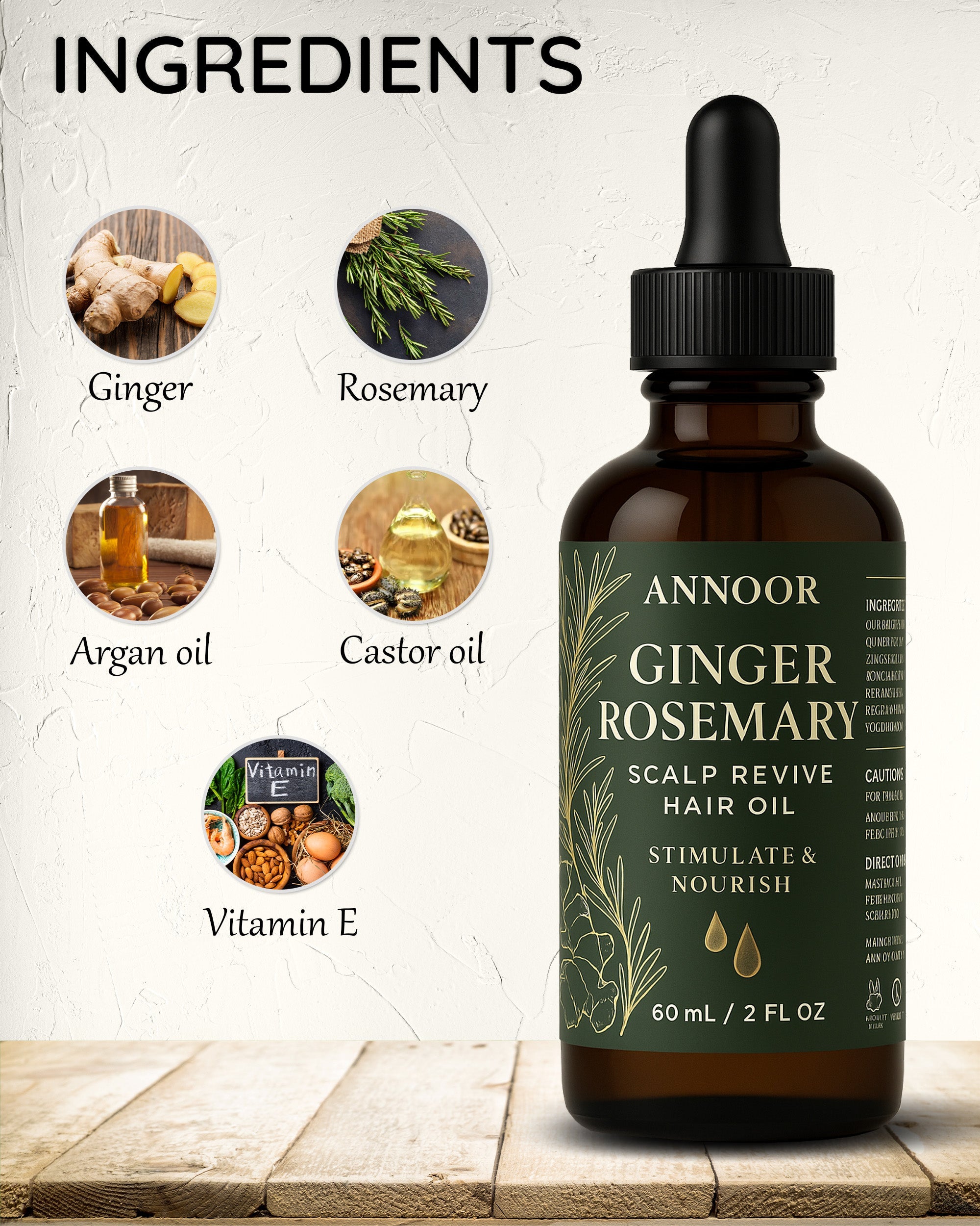 Annoor® Ginger Rosemary Hair Oil – Nourish, Strengthen & Revitalize Scalp – Hair Growth–Inspired Thickening Oil with Organic Argan, Castor & Jojoba – 2 fl oz – For All Hair Types