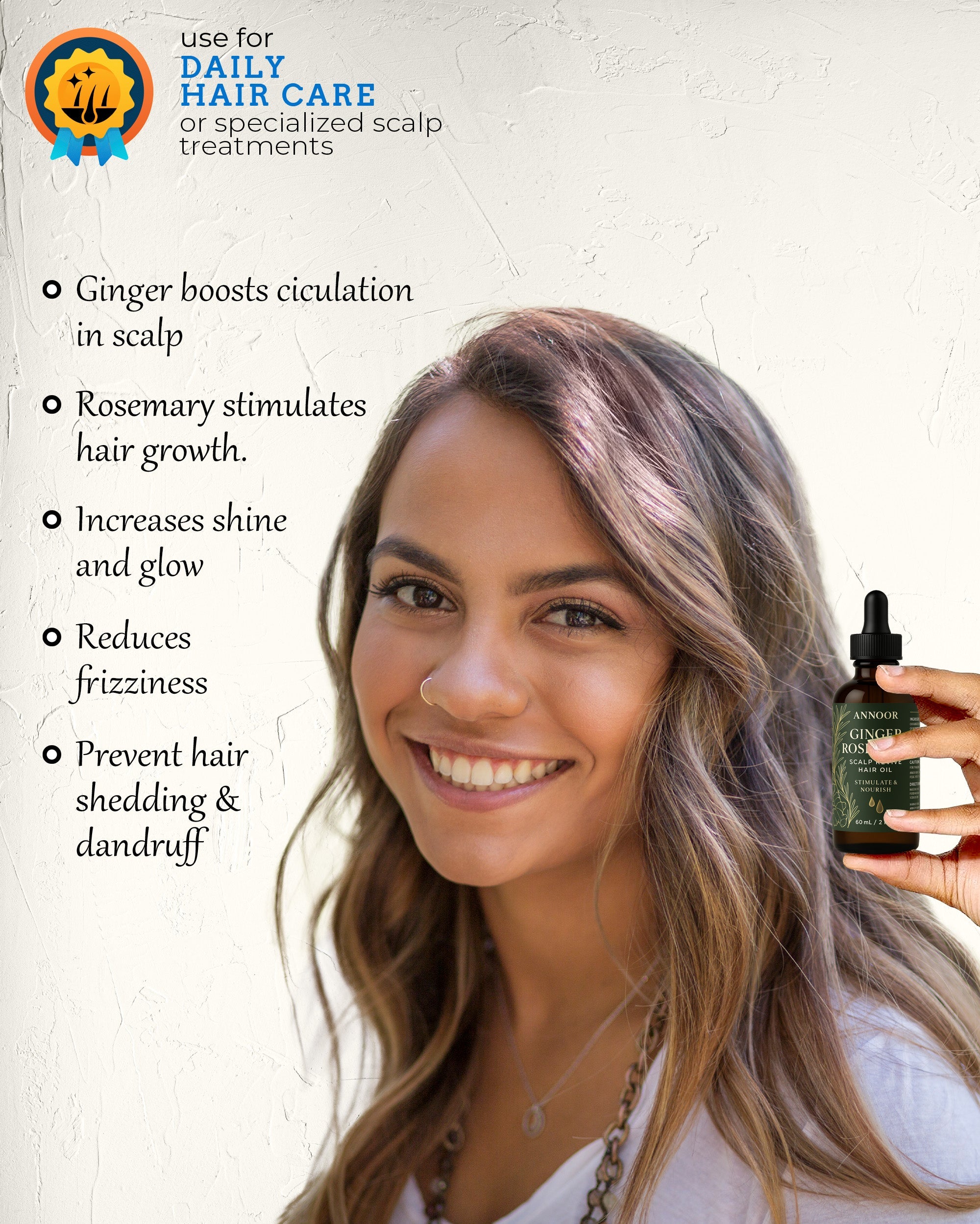 Annoor® Ginger Rosemary Hair Oil – Nourish, Strengthen & Revitalize Scalp – Hair Growth–Inspired Thickening Oil with Organic Argan, Castor & Jojoba – 2 fl oz – For All Hair Types