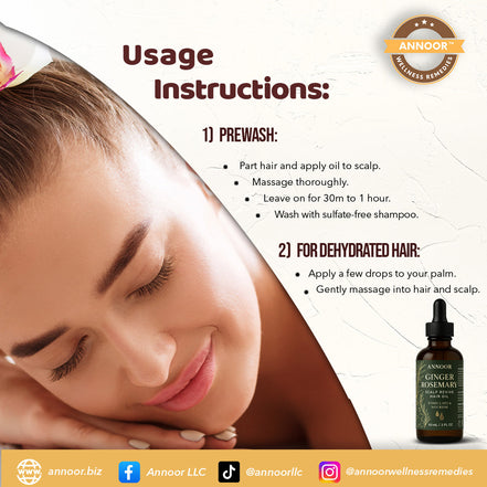 Annoor® Ginger Rosemary Hair Oil – Nourish, Strengthen & Revitalize Scalp – Hair Growth–Inspired Thickening Oil with Organic Argan, Castor & Jojoba – 2 fl oz – For All Hair Types