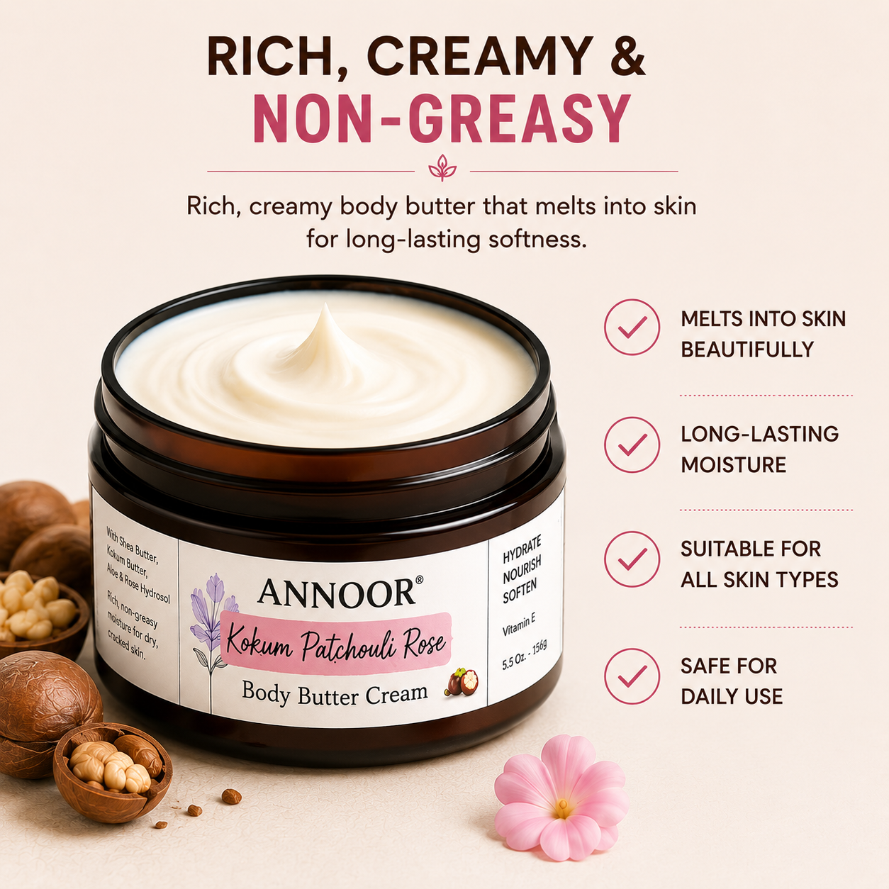 Annoor Crema Corporal de Manteca de Kokum, Pachulí y Rosa (6.5 oz / 185 g)