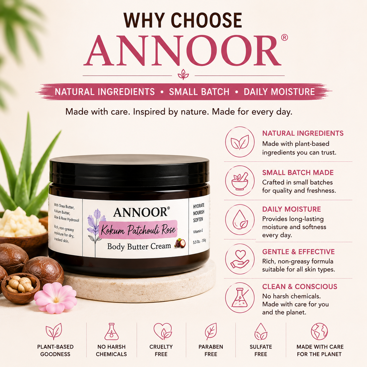 Annoor Crema Corporal de Manteca de Kokum, Pachulí y Rosa (6.5 oz / 185 g)