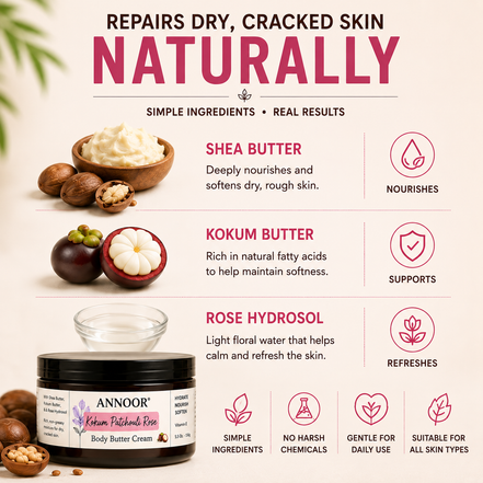 Annoor Crema Corporal de Manteca de Kokum, Pachulí y Rosa (6.5 oz / 185 g)