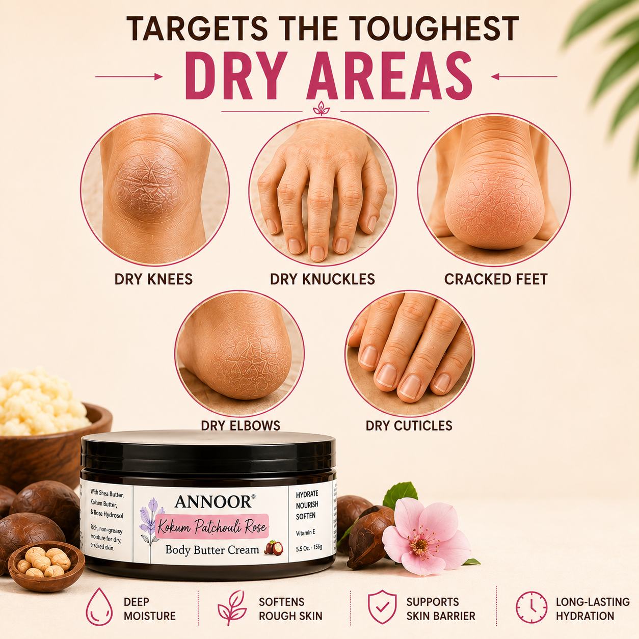 Annoor Crema Corporal de Manteca de Kokum, Pachulí y Rosa (6.5 oz / 185 g)