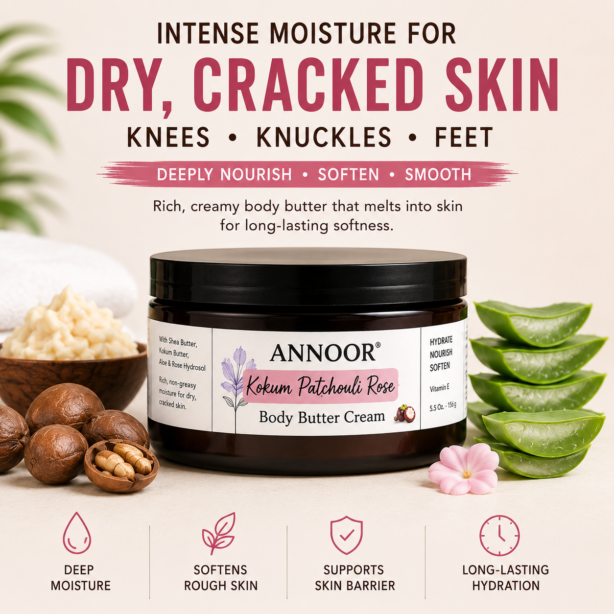 Annoor Crema Corporal de Manteca de Kokum, Pachulí y Rosa (6.5 oz / 185 g)