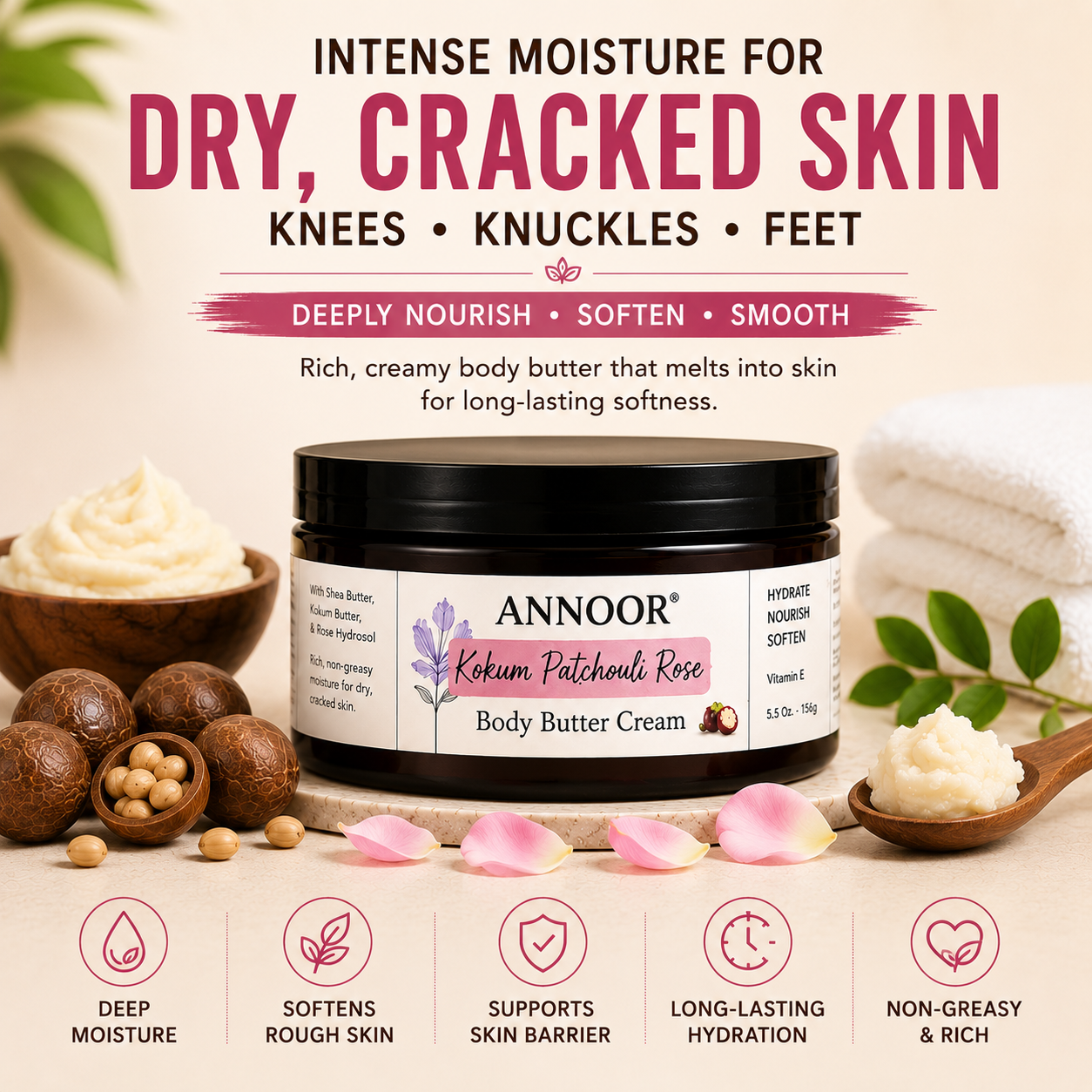 Annoor Crema Corporal de Manteca de Kokum, Pachulí y Rosa (6.5 oz / 185 g)
