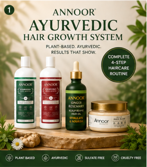 Annoor Ayurvedic 4-Step Haircare Set – Herbal Shampoo, Conditioner, Ginger Rosemary Scalp Oil & Root Repair Hair Mask – Plant-Based Hair Routine for Frizz, Shine, Dry Hair & Scalp Care