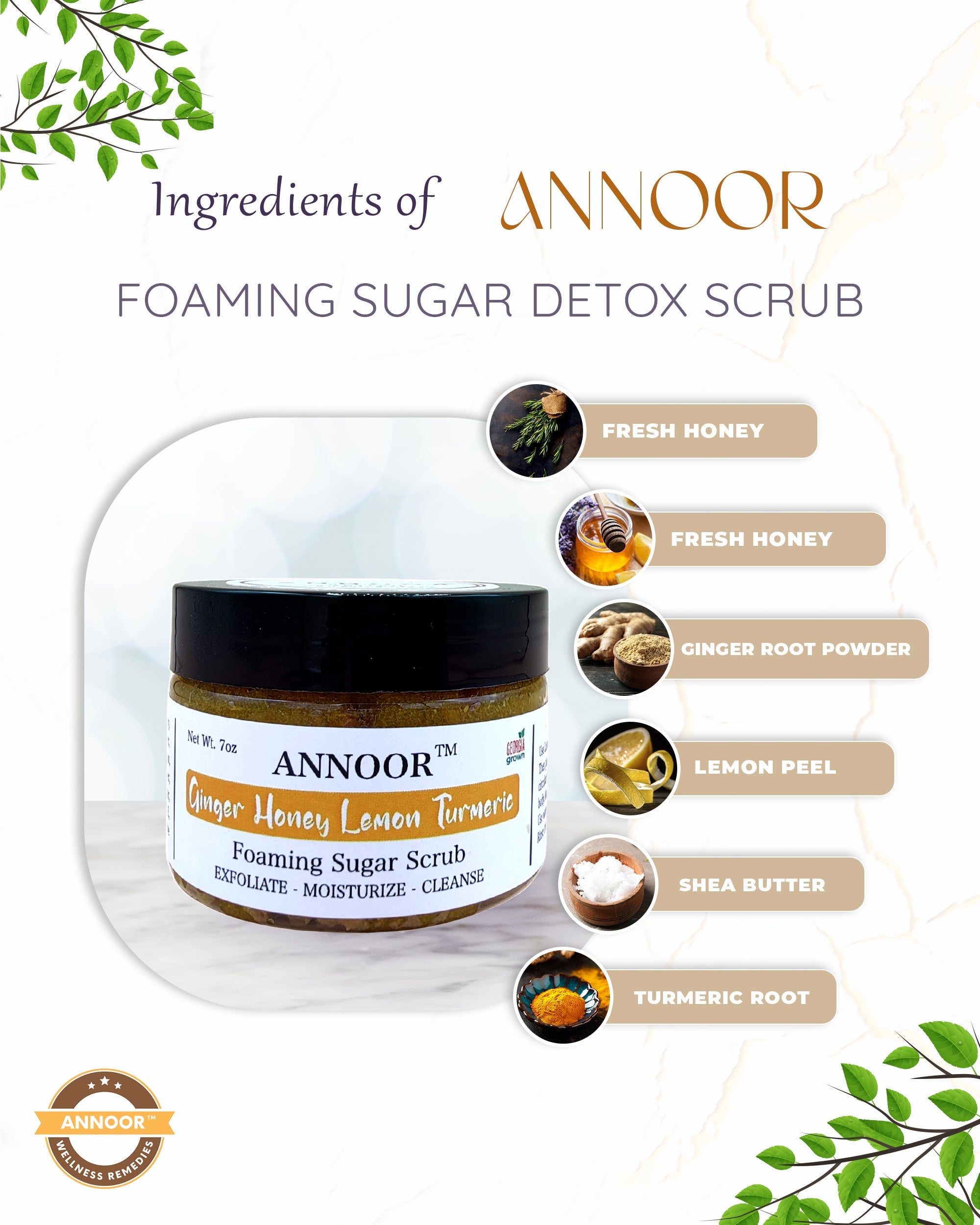 Organic Foaming Sugar Scrub by Annoor - 7 Oz|Ginger, Honey, Lemon, Turmeric |No Parabens, Sulphates, No Harmful Chem |Face and Body Exfoliating