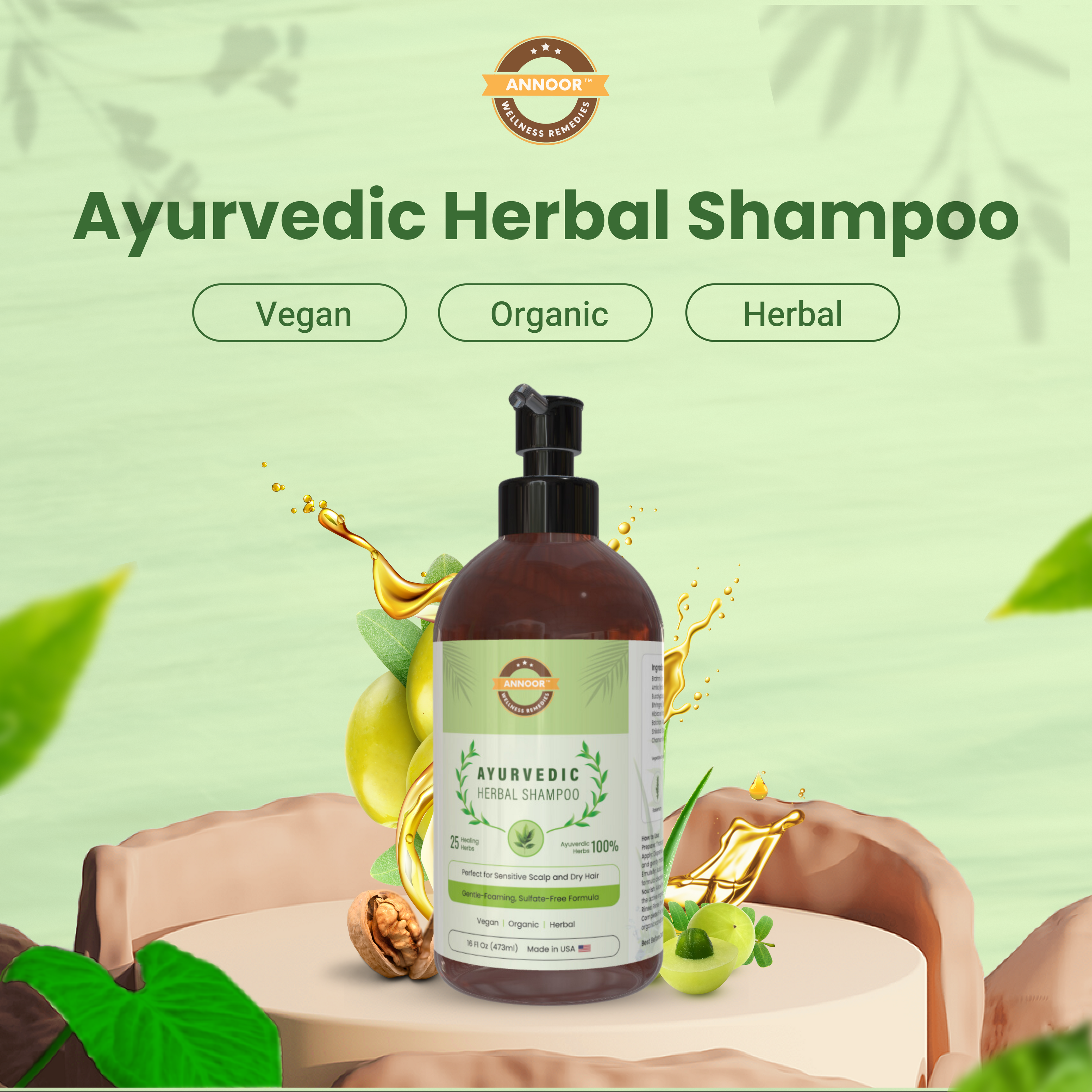 Annoor® Ayurvedic Herbal Shampoo – Sulfate-Free, Plant-Based, Gentle Clarifying Cleanse for All Hair Type