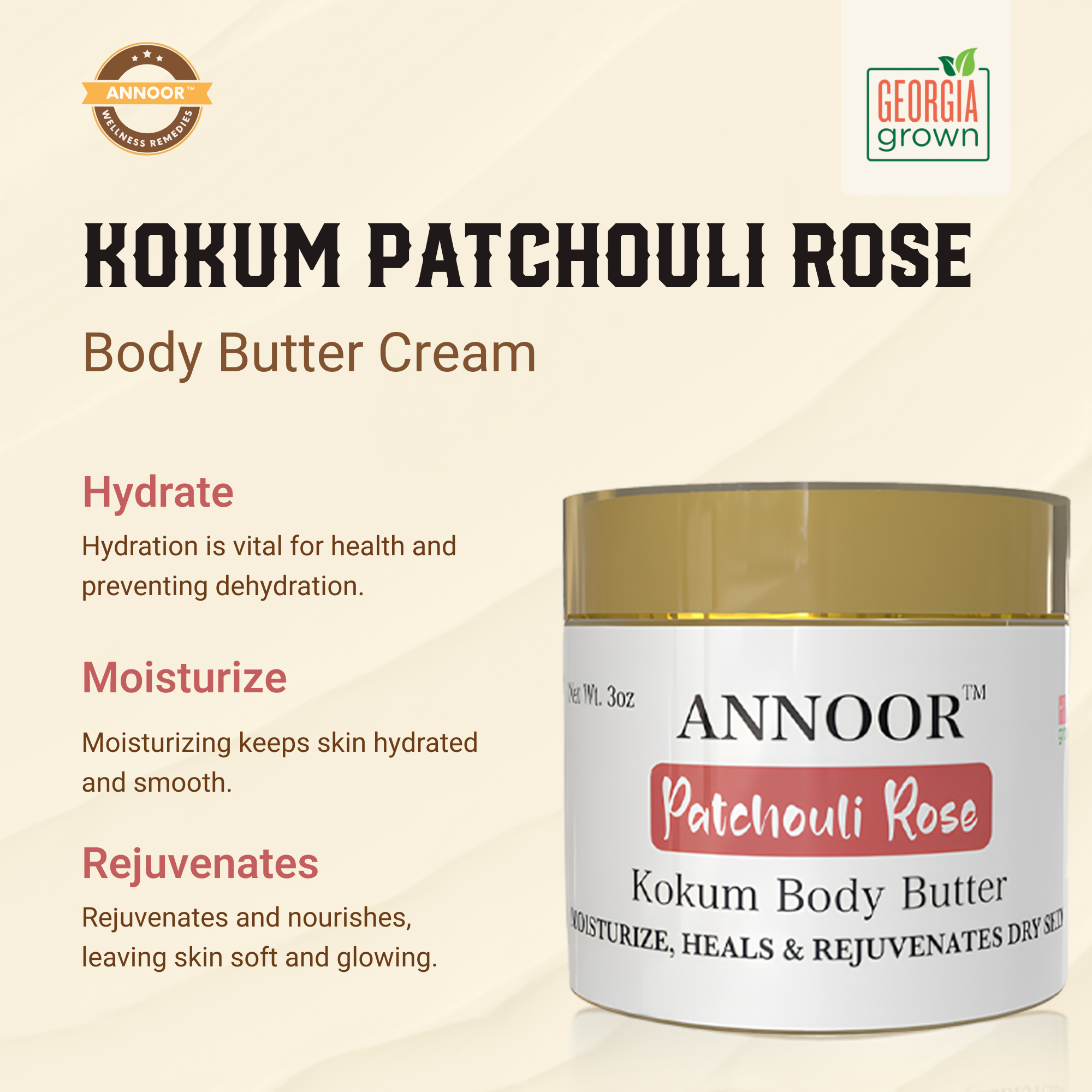 Annoor Hydrating Body Butter – Kokum Butter with Rose & Patchouli for Dry Skin (4 oz)