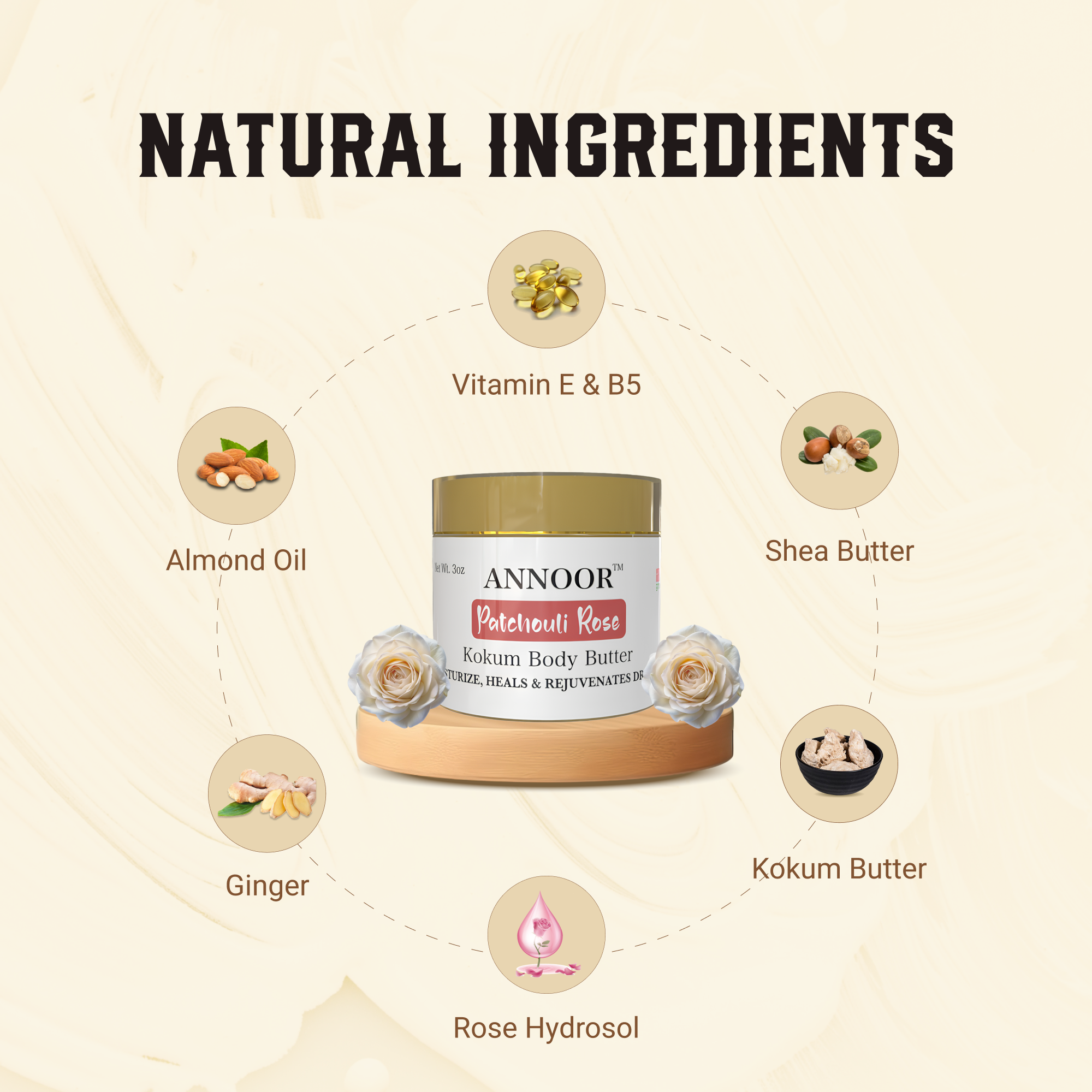 Annoor Hydrating Body Butter – Kokum Butter with Rose & Patchouli for Dry Skin (4 oz)