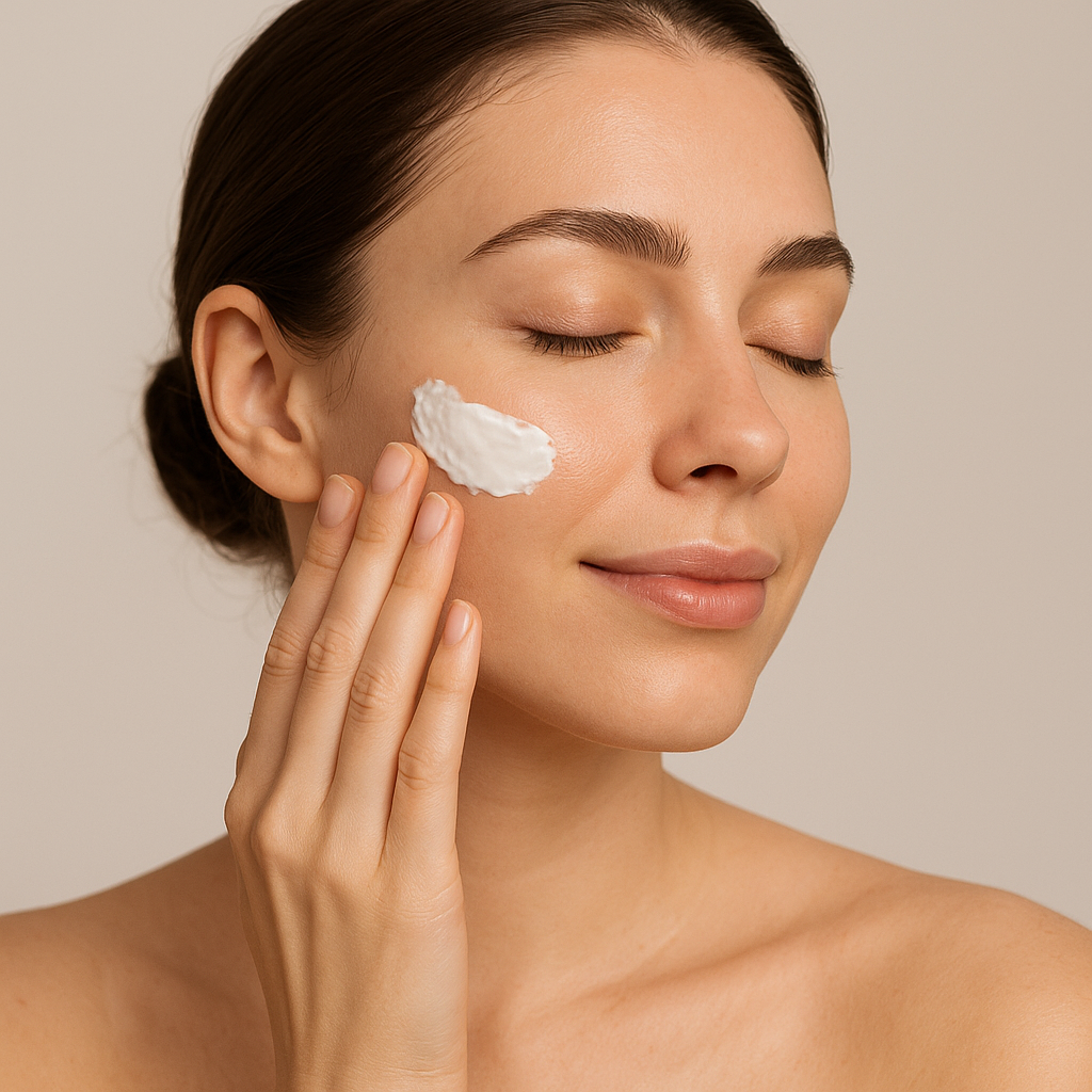 Skincare bottles on cream background